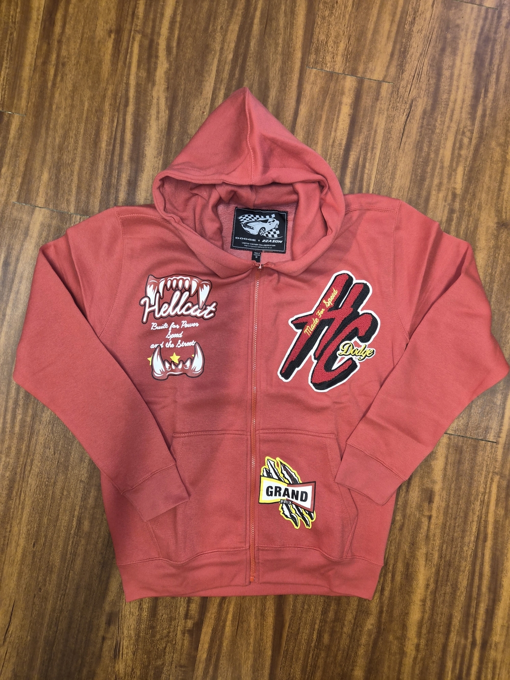 Men Red Hooded Zip Jacket with Graphic Patches